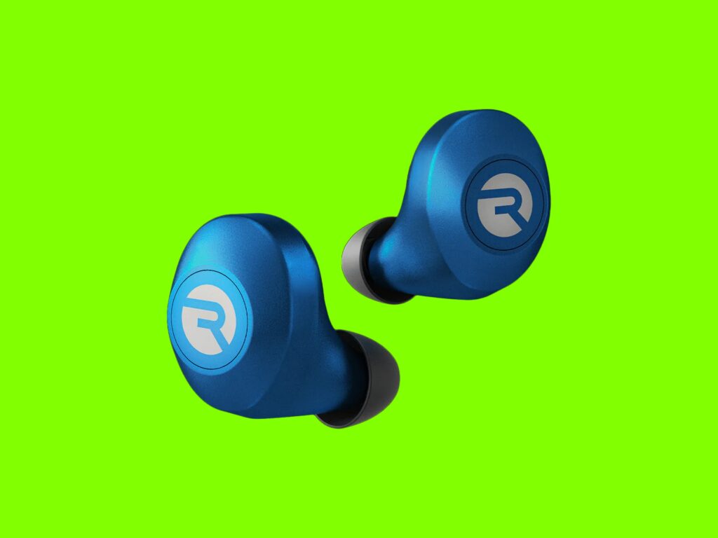 a pair of blue earbuds